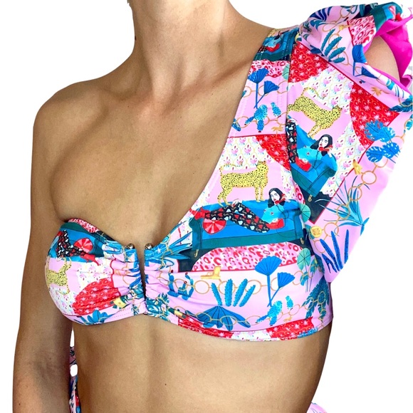 One-Shoulder Ruffle Bikini Set | Tropical High-Waisted | Size M - Picture 8 of 8